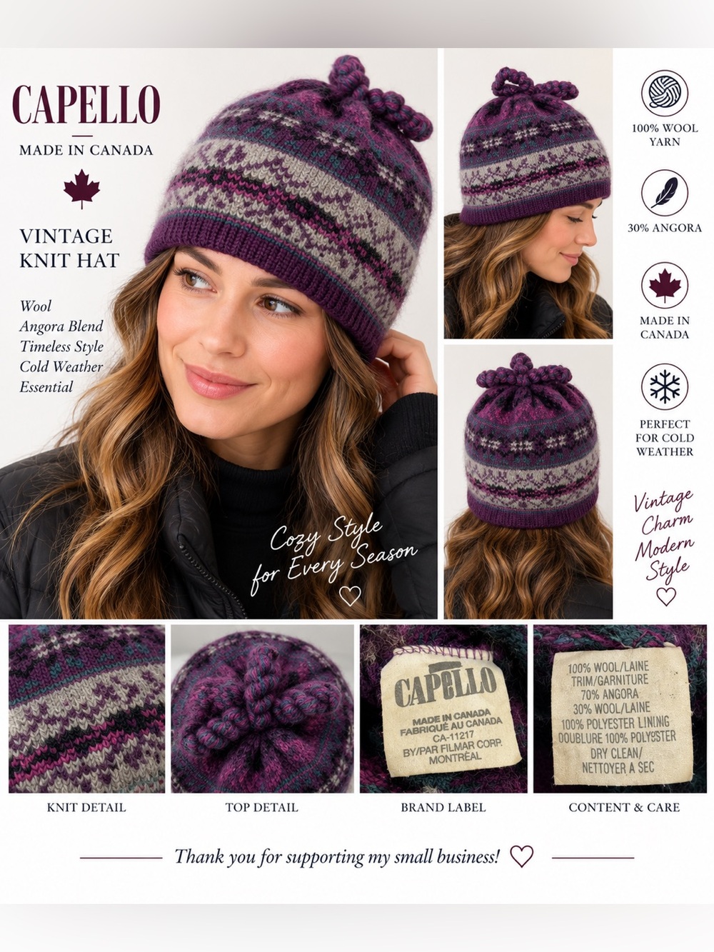 Vintage Capello Wool Angora Fair Isle Knit Winter Hat Made in Canada Purple